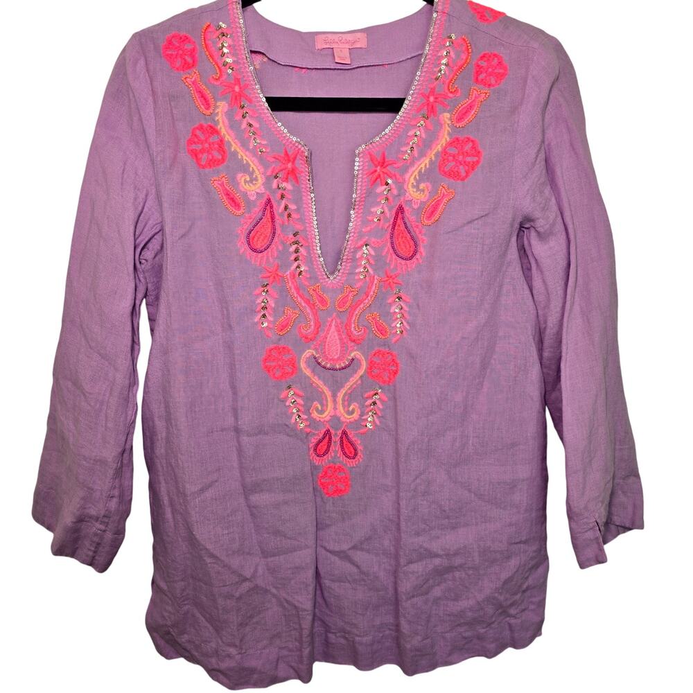 Lilly Pulitzer Amelia Island Tunic Size S Lilac VERBEN Purple Pink Beading